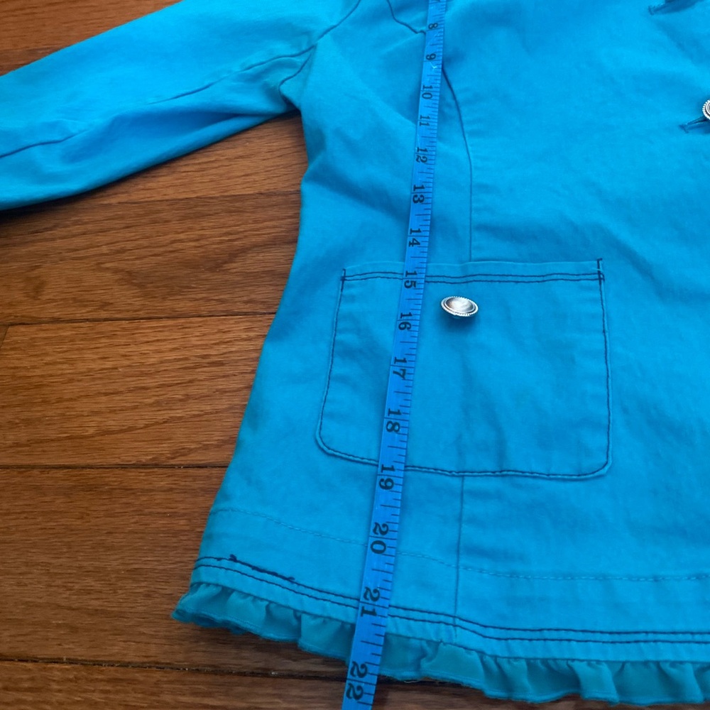 Joan Rivers Turquoise Ruffle Trim Jacket Silver Buttons Size 10 - Picture 8 of 9